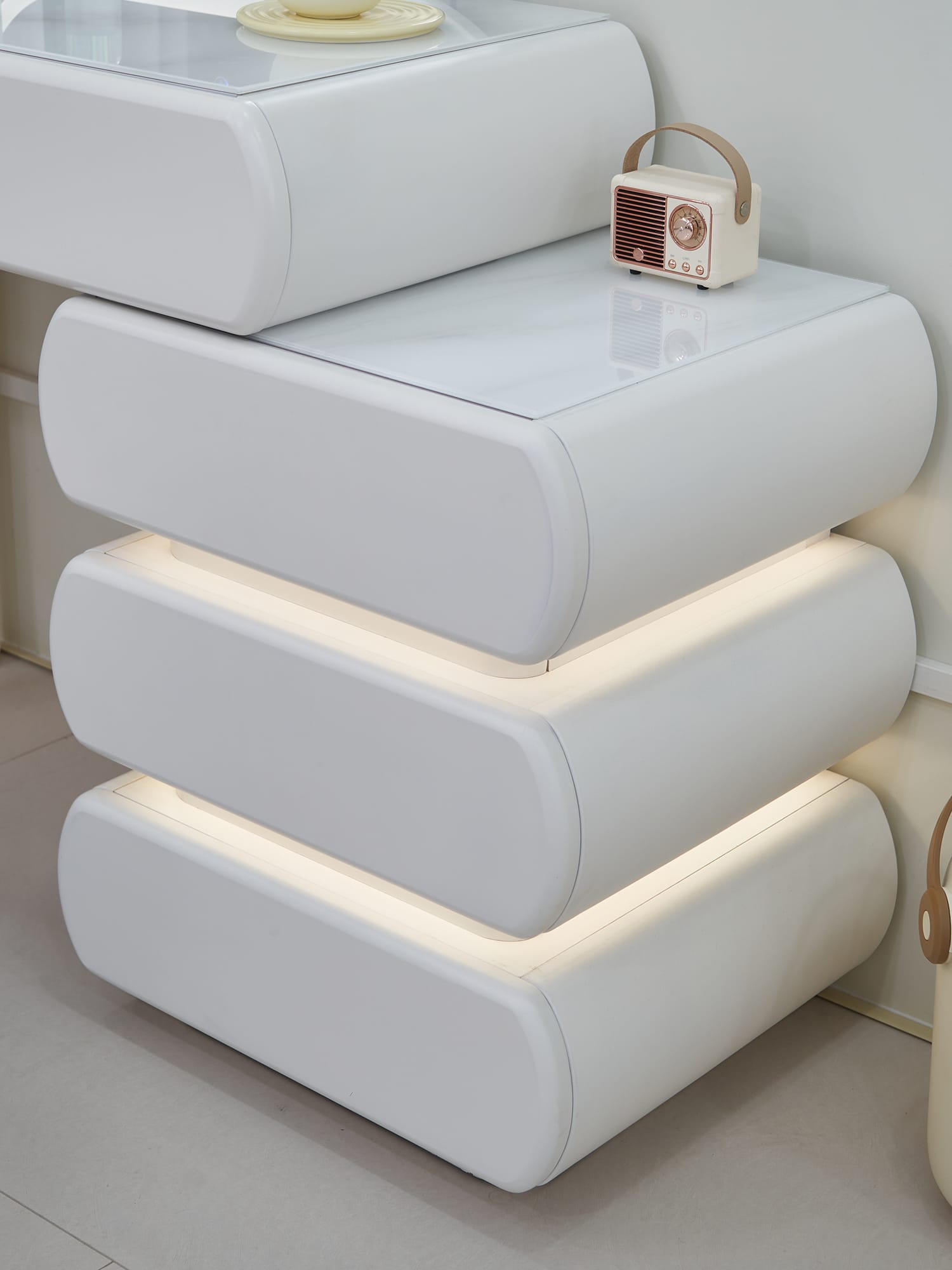 Masă de machiaj Round MDF cu oglindă LED și sertare iluminate 140x40x136 cm