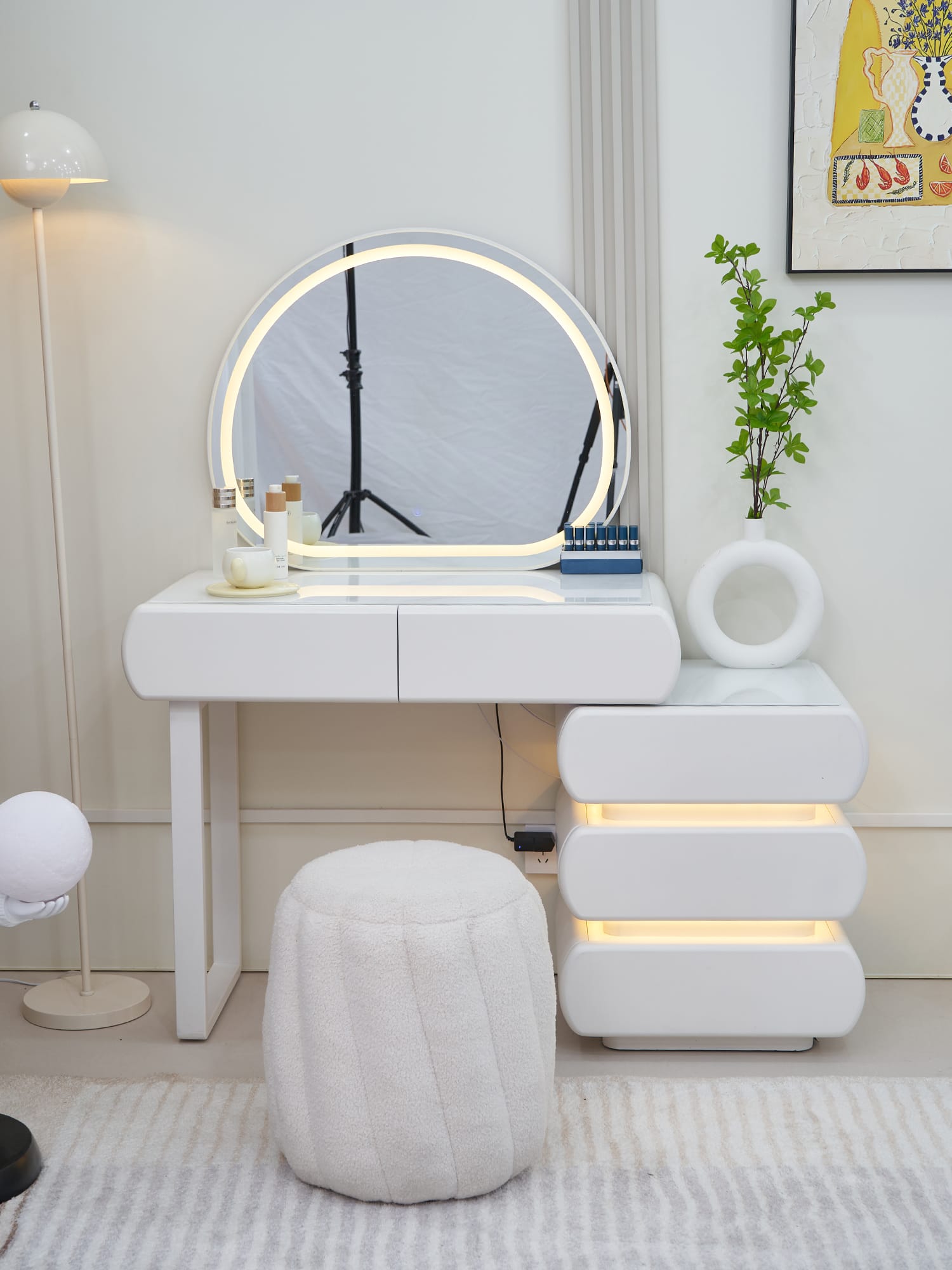 Masă de machiaj Round MDF cu oglindă LED și sertare iluminate 140x40x136 cm