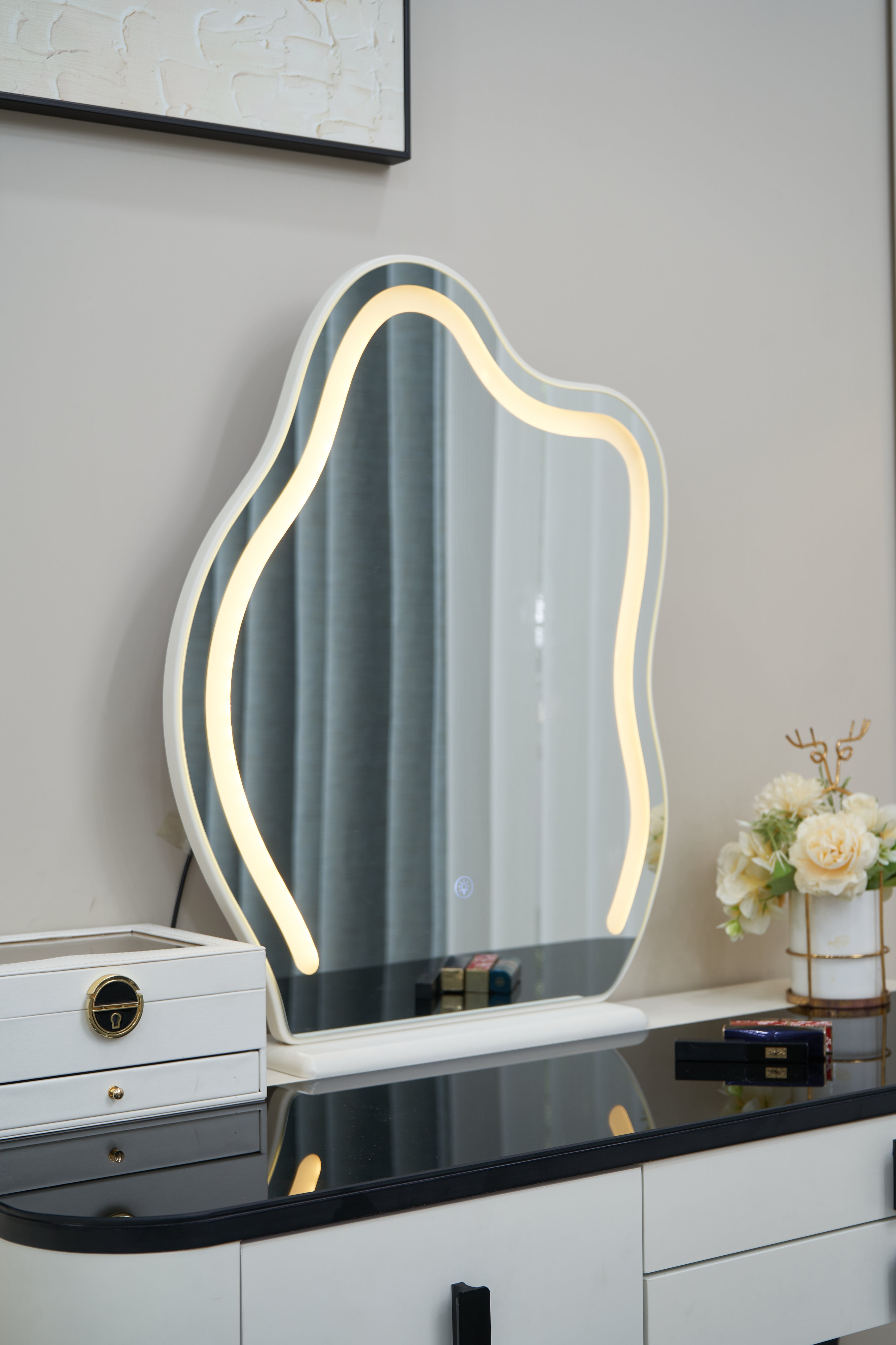 Masă de machiaj Glow MDF cu oglindă LED Incarcare Wireless 140x40x136 cm