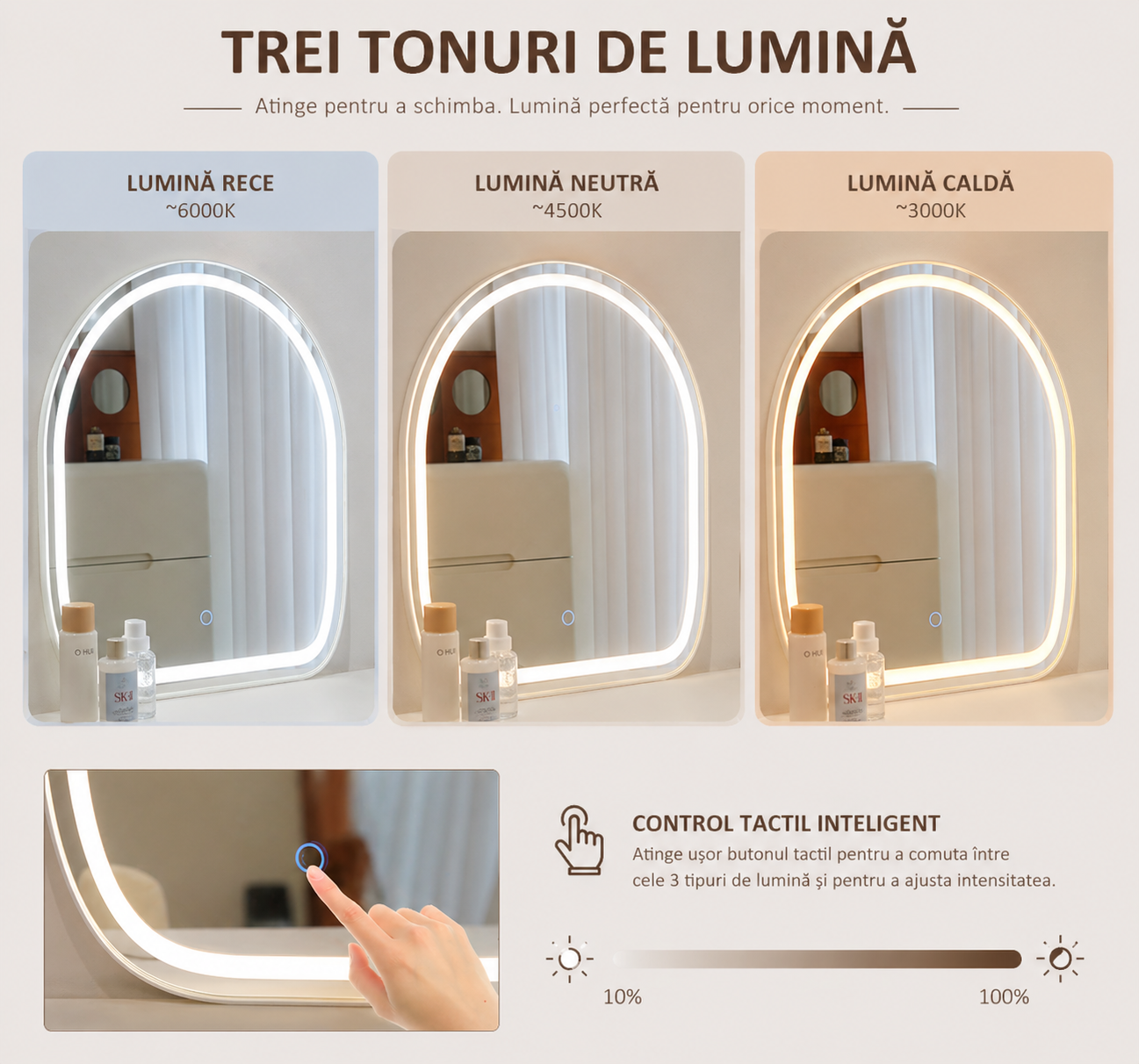 Masă de machiaj Dalia MDF cu oglindă LED și sertare iluminate 140x40x136 cm