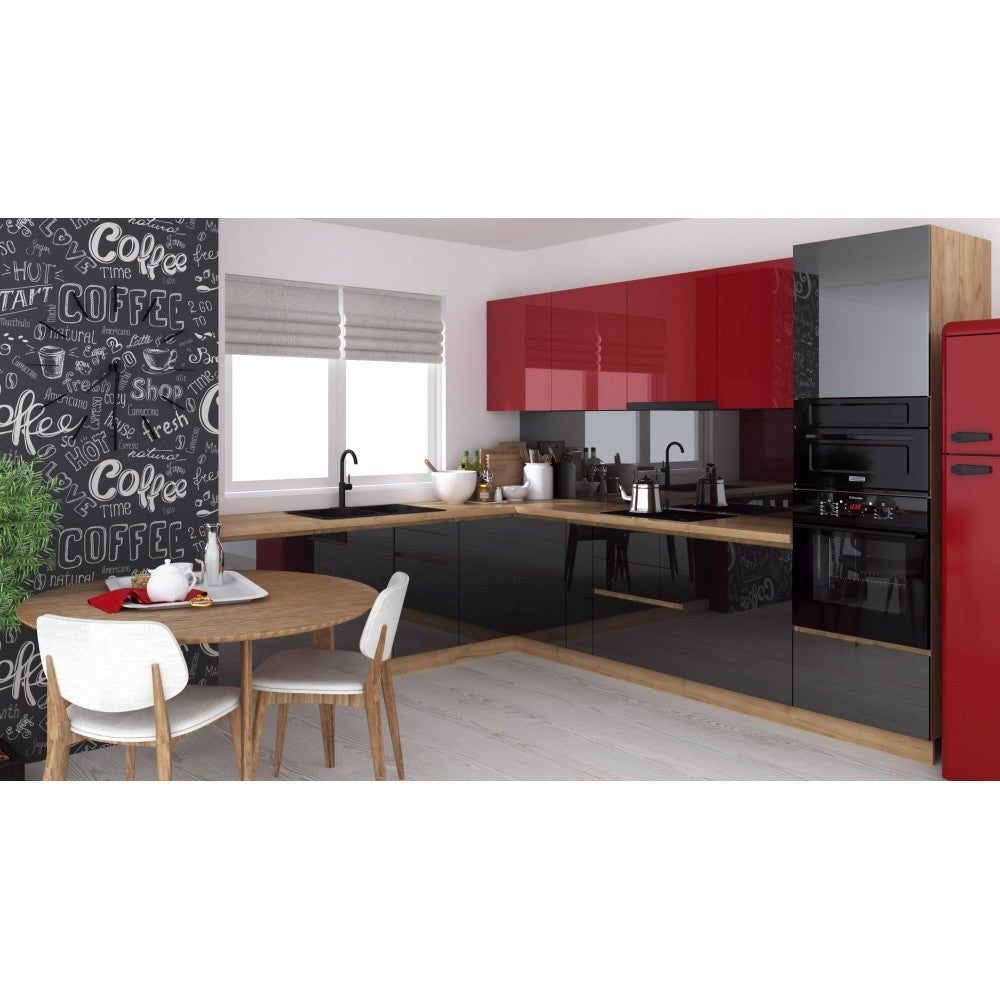 Bucatarie colt Chelsea V2 Rosu Antracit Stejar K003 221/300x60x200 cm