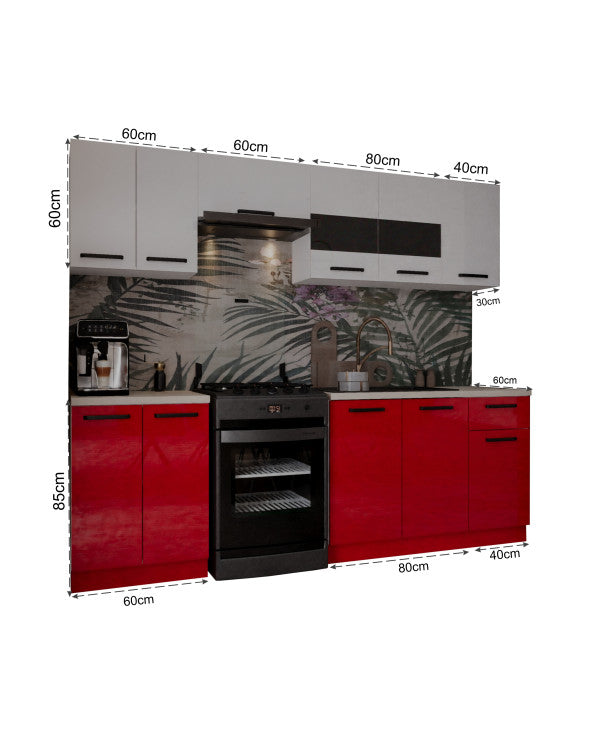 Bucatarie Daria, 240x60x200cm, Alb+Rosu