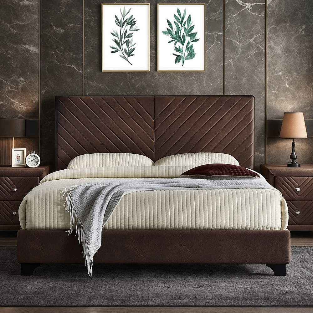 Pat tapitat Kring suport saltea inclus culoare Maro 140x200 cm