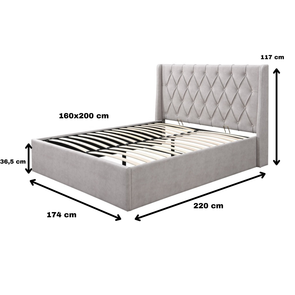 Pat tapitat Prestige 1 cu somiera metalica rabatabila si spatiu de depozitare Crem 160x200