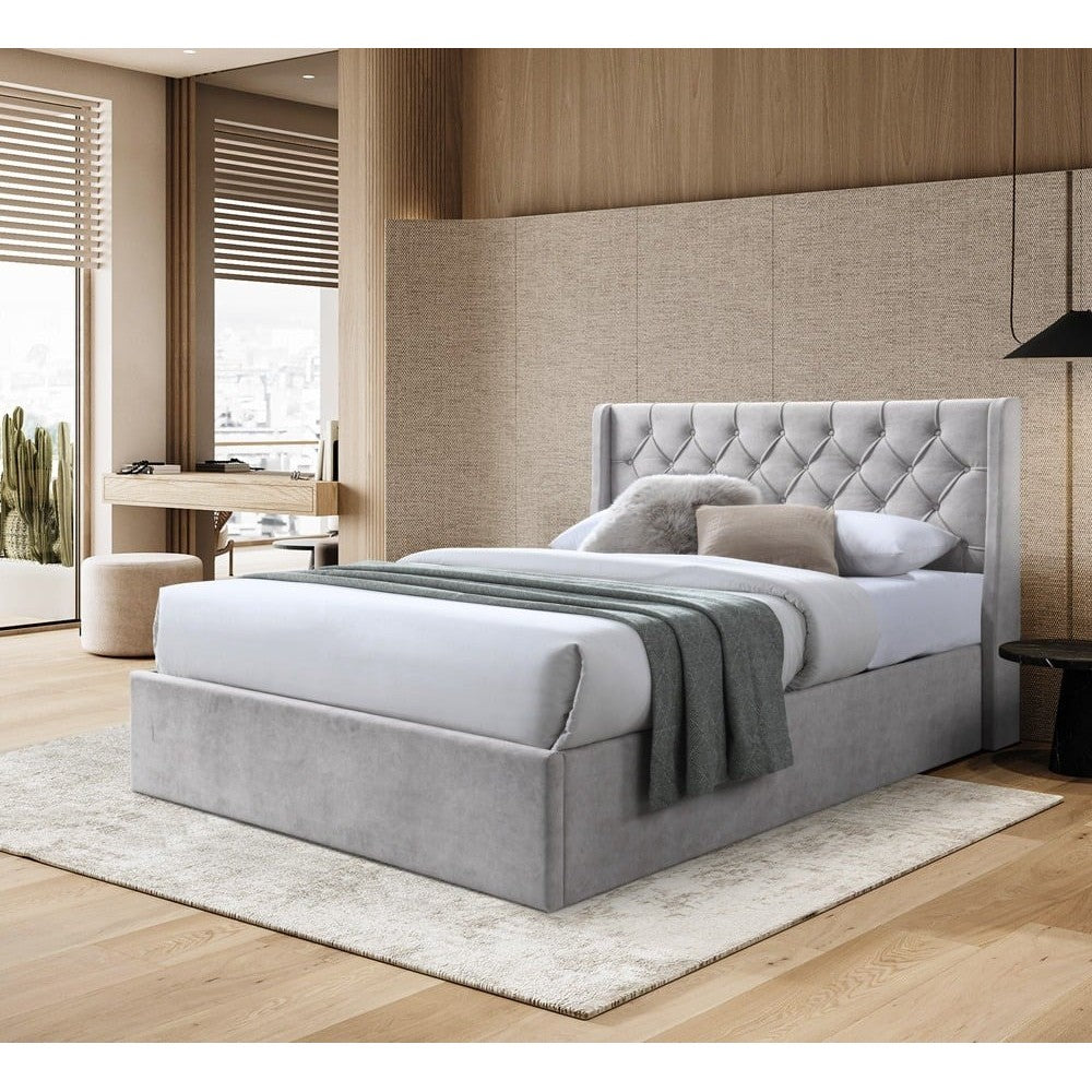 Pat tapitat Prestige 1 cu somiera metalica rabatabila si spatiu de depozitare Crem 160x200