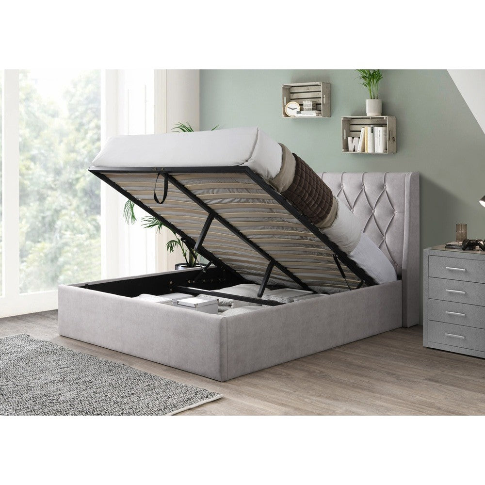 Pat tapitat Prestige 1 cu somiera metalica rabatabila si spatiu de depozitare Crem 160x200