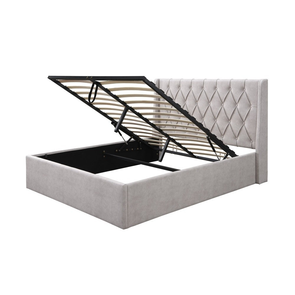 Pat tapitat Prestige 1 cu somiera metalica rabatabila si spatiu de depozitare Crem 180x200