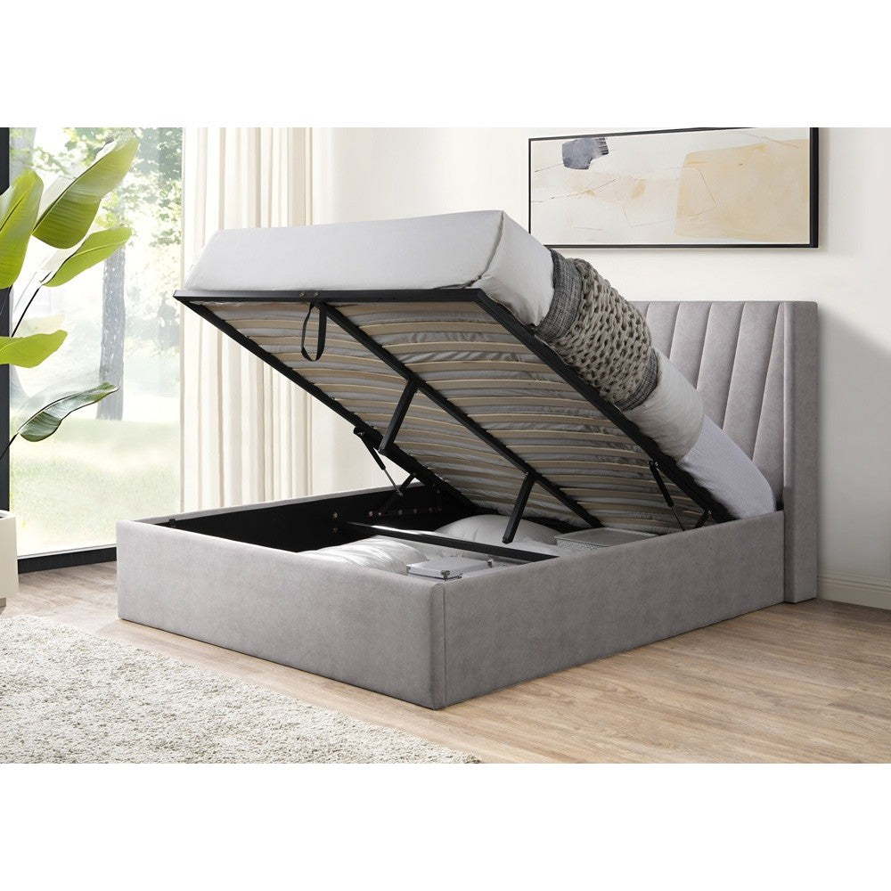 Pat tapitat Prestige 2 cu somiera metalica rabatabila si spatiu de depozitare Crem 180x200