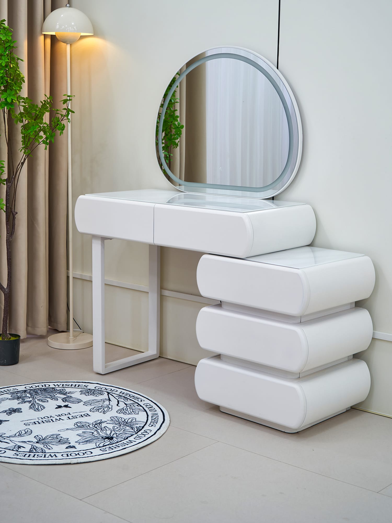 Masă de machiaj Round MDF cu oglindă LED și sertare iluminate 140x40x136 cm