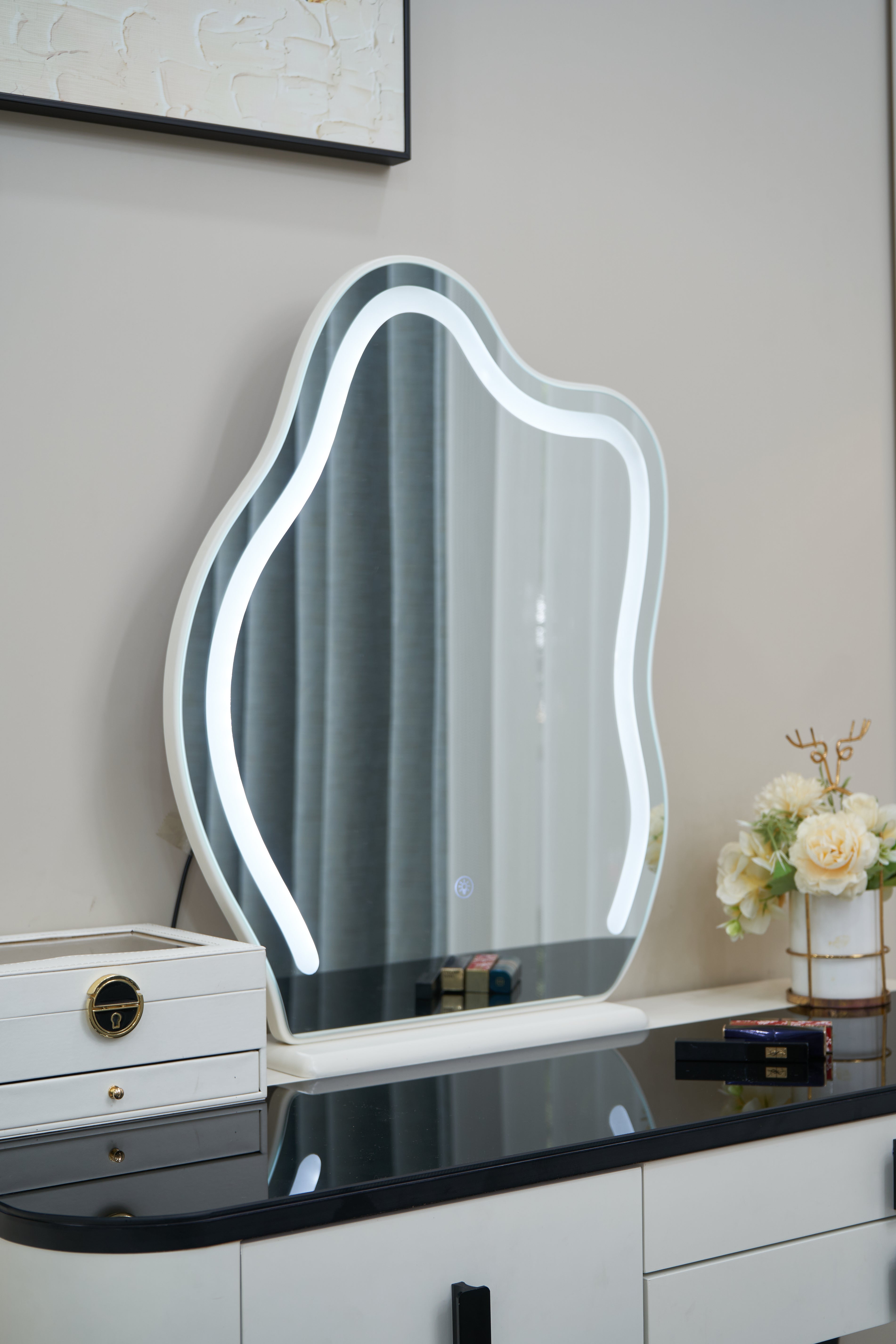 Masă de machiaj Glow MDF cu oglindă LED Incarcare Wireless 140x40x136 cm