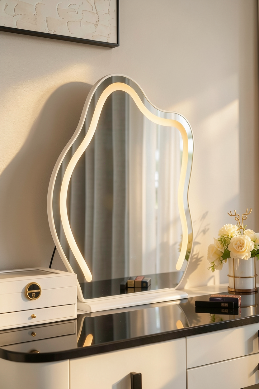 Masă de machiaj Glow MDF cu oglindă LED Incarcare Wireless 140x40x136 cm