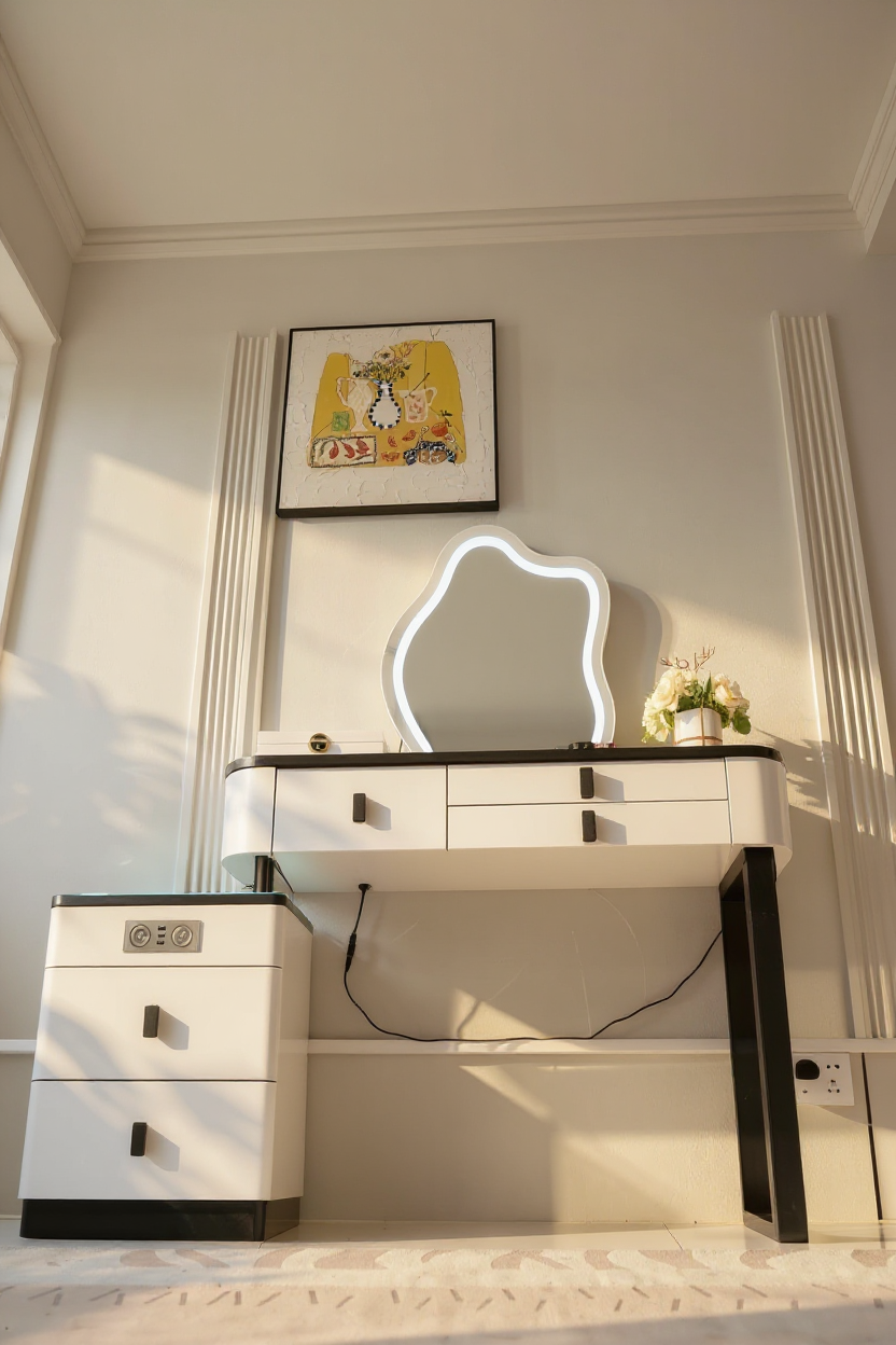 Masă de machiaj Glow MDF cu oglindă LED Incarcare Wireless 140x40x136 cm