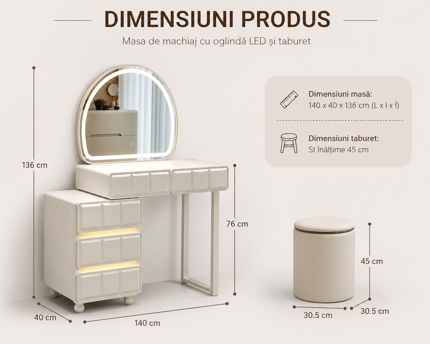 Masă de machiaj Dalia MDF cu oglindă  LED și sertare iluminate 140x40x136 cm