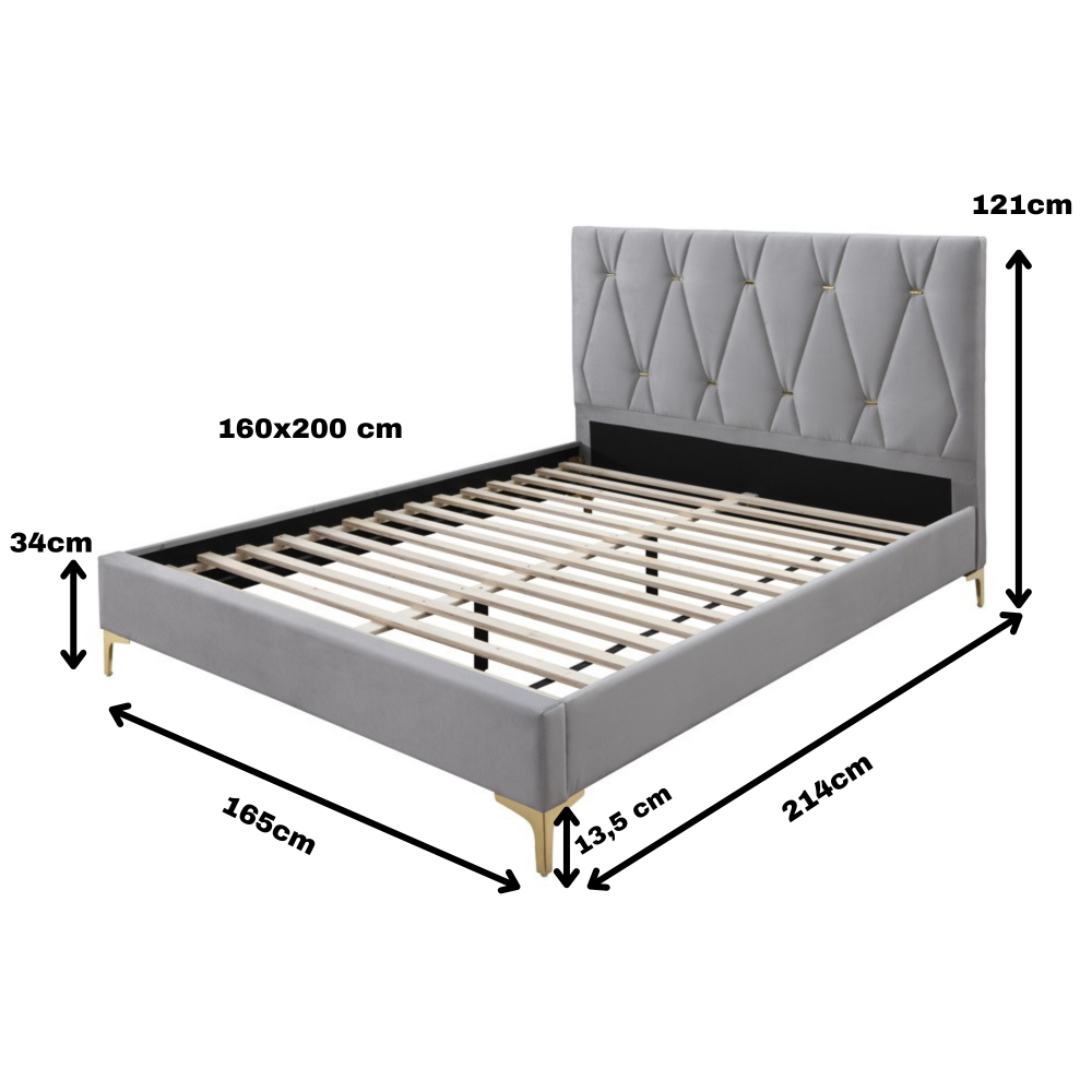 Pat tapitat Mervine, 160x200, cadru din lemn cu somiera fixa, culoare Gri