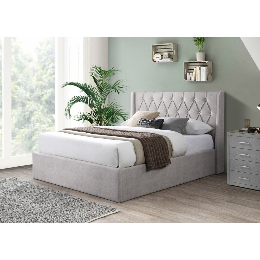 Pat tapitat Prestige 1 cu somiera metalica rabatabila si spatiu de depozitare Crem 180x200